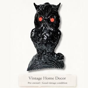 Vintage Black Owl Figurine with Red Eyes | Gothic Owl Statue | Spooky Decor